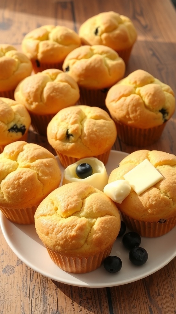 Fluffy Yeast Muffins Recipe Fluffy golden yeast muffins on a plate with blueberries and melting butter.